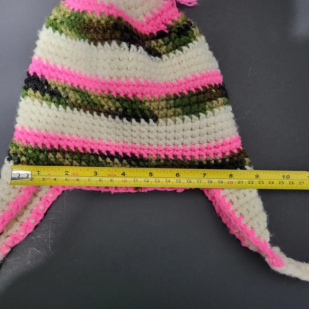 Kids Crochet Trapper‎ Hat Pink Cream Camouflage Pom Pom Ear Flaps
